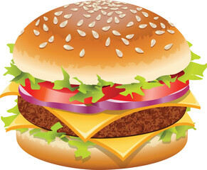 Hamburger with cheese lettuce and tomato on white background