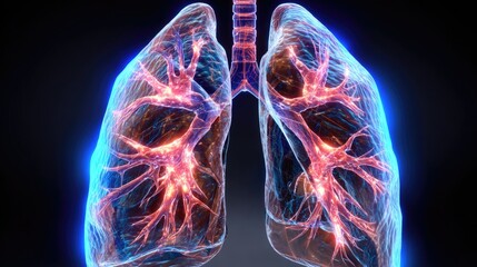 An intricate 3D visualization of human lungs showcasing detailed bronchial structures and vibrant blood vessels, representing the importance of respiratory health in human anatomy.
