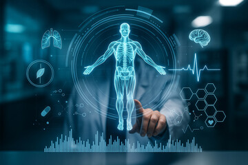 AI generated holographic human body visualization with digital health dashboard neon glowing anatomy and futuristic medical interface symbolizing advanced diagnostics and smart healthcare