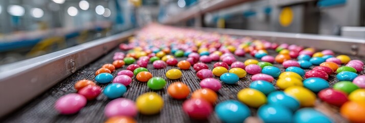 Colorful candy coated chocolates on a conveyor belt in a production facility during daylight hours