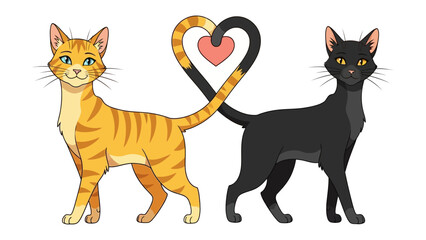 Feline Affection and Heart Shape: Two cats of different colors, joined by a heart-shaped tail, symbolize love and unity, representing a heartfelt connection.