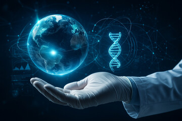 AI generated futuristic medical and scientific visualization showing glowing earth and DNA hologram with digital data network in a high tech atmosphere