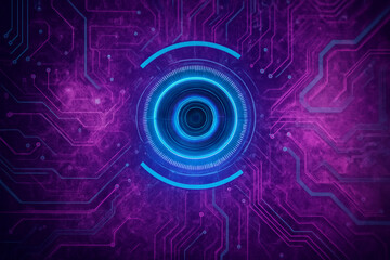 AI generated sci fi artwork of glowing cyber eye hologram with blue ring and purple circuit board background symbolizing artificial intelligence data processing and cyber technology