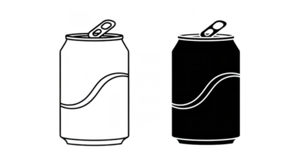 A black and white outline illustration of two soda cans, one white and one black, with wavy lines, isolated on a transparent background