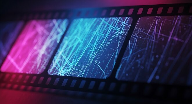 Film strip with glowing abstract lines and digital particles in vibrant pink and blue, representing technology and future data.