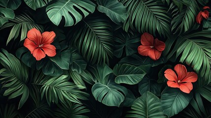 Fototapeta premium Lush Green Leaves and Vibrant Red Flowers in Tropical Landscape