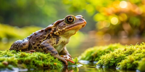 Obraz premium A Close-Up View of a Brown Amphibian with Golden Eyes Perched on Lush Green Moss Beside a Still Body of Water in a Serene Natural Setting