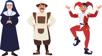 Medieval characters illustration, nun costume, baker outfit, jester costume, historical clothing design, traditional people, funny joker, classic medieval style, vector art