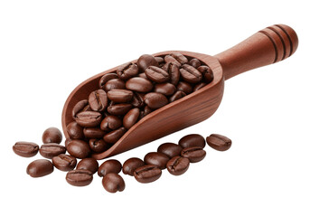 Isolated wooden scoop filled with fresh roasted brown coffee beans on surface, overhead view