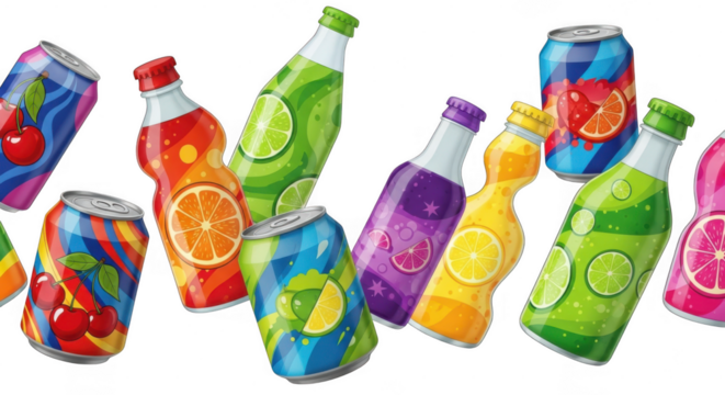 A vibrant collection of assorted soda cans and bottles with colorful labels featuring fruits and citrus slices, arranged in a horizontal line isolated on transparent background
