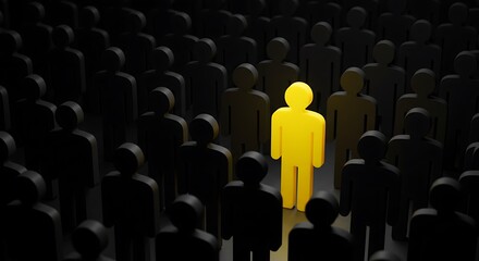 Fototapeta premium One bright yellow figure stands out amongst a crowd of dark silhouettes