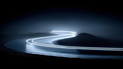 Winding road at night, lit by glowing white trails. Fog envelops the landscape
