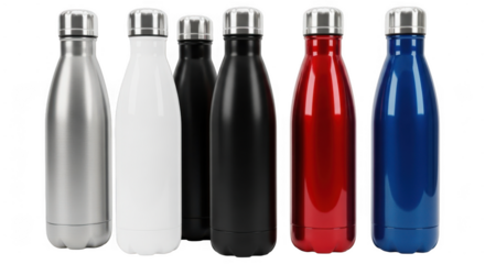 A group of six reusable water bottles in various colors including silver, white, black, red, and blue, standing together on a transparent background