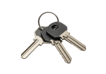 Isolated three house keys on keyring ready to open a door or provide access entry point