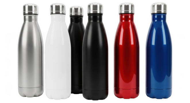 A group of six reusable water bottles in various colors including silver, white, black, red, and blue, standing together on a transparent background