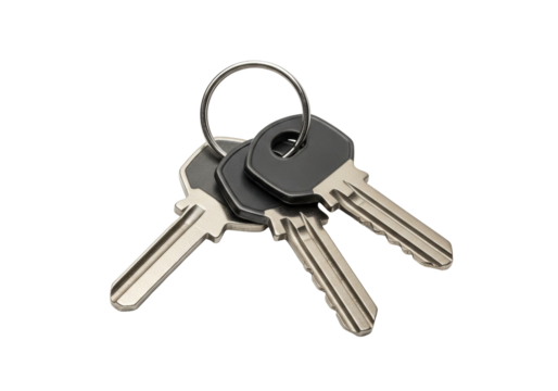 Isolated three house keys on keyring ready to open a door or provide access entry point