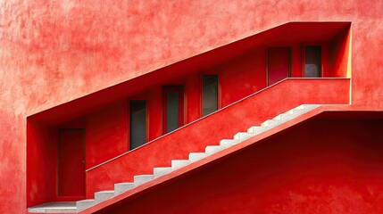 Vibrant Red Exterior with Modern Staircase and Minimalist Windows