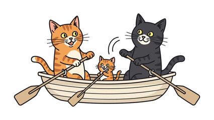 Cats in a Boat: A charming illustration of a family of cats rowing a boat on a serene day, portraying a whimsical adventure and the simple joys of togetherness.  © Nusaybah