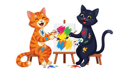 Cats of the Canvas: Playful felines, a ginger tabby and a sleek black cat, collaborate, creating vibrant artwork together in a lively studio setting.