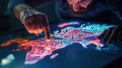 A person points at a digital map illuminated with vibrant colors, showcasing geographic details and data visualization.
