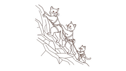 Fototapeta premium Purr-fect Ascent: Three cartoon cats work together to scale a rock face. Each cat demonstrates courage and determination.