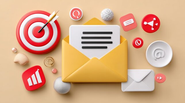 This image showcases a creative business concept, featuring an envelope with communication icons and a target, symbolizing marketing strategies and digital outreach.