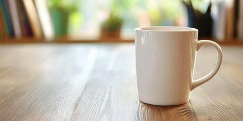 Fototapeta premium Aromatic Coffee Cup on Modern Desk, Bright Workspace with Warm Tones for a Cozy Morning Break