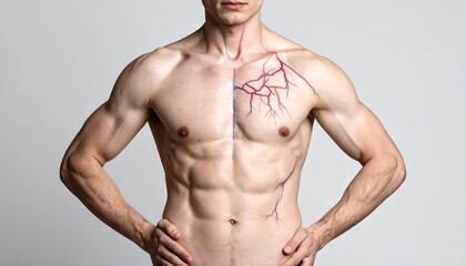 Fototapeta premium Muscular Man's Torso with Red And Blue Vein Mapping Against Neutral Background