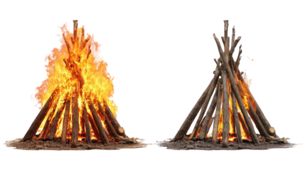 Two Bonfires Isolated on Transparent Background: Burning Wood and Glowing Embers