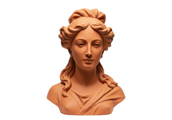 Isolated clay sculpture of a woman with a classical hairstyle and draped clothing, bust