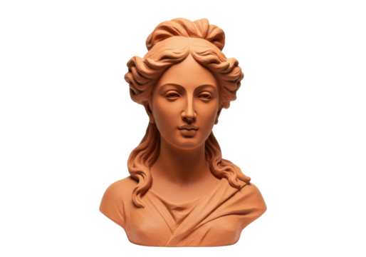 Isolated clay sculpture of a woman with a classical hairstyle and draped clothing, bust