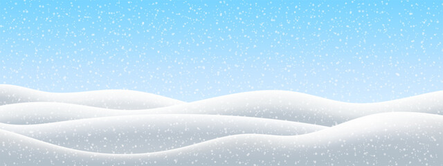 Peaceful winter landscape background with rolling snowdrifts and falling snow. Stylized illustration is perfect for winter themes