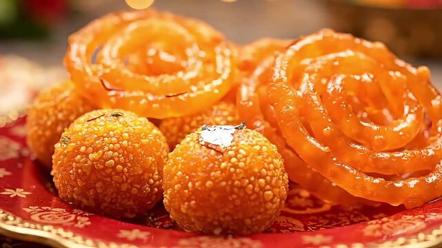 Sweet, golden jalebi and laddu served on a decorative plate, perfect for festive occasions.