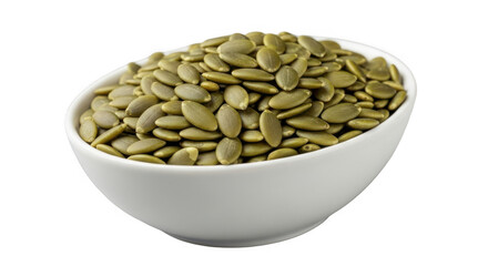 A white bowl is filled with a generous portion of fresh, green pumpkin seeds, isolated on a clean transparent background