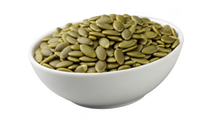 A white bowl is filled with a generous portion of fresh, green pumpkin seeds, isolated on a clean transparent background