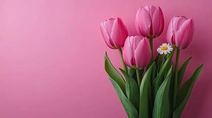 Fototapeta premium Beautiful Pink Tulips and Daisy Flower Arrangement on Pink Background