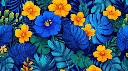 Vibrant Tropical Floral Pattern with Blue and Yellow Flowers