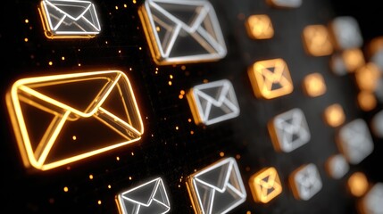 Close-up of glowing email icons on a digital interface, reflecting modern communication trends. The vibrant colors highlight the importance of email in the digital age.