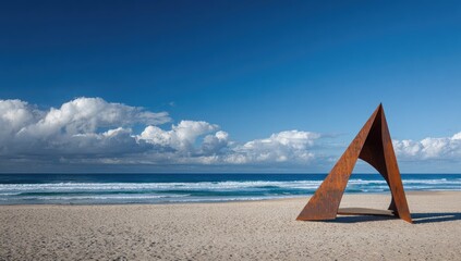 Rust-colored, triangular sculpture on a sandy beach under a partly cloudy sky