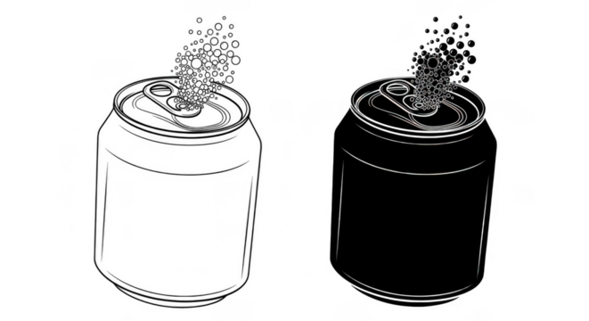 A black and white illustration of two soda cans, one with a white label and the other solid black, both with bubbles rising from the open tops isolated on transparent background