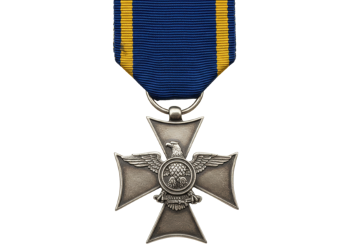 Isolated Silver Polish Air Force decoration, military merit medal with blue and yellow ribbon