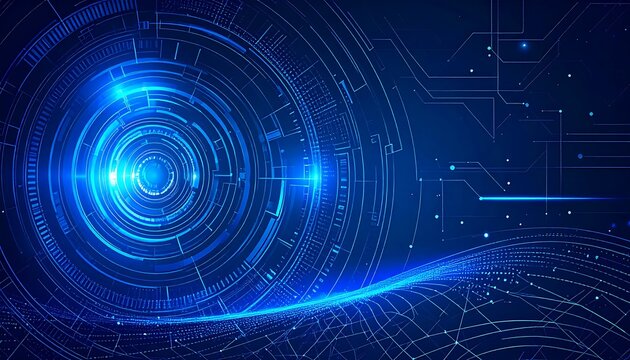 Abstract blue digital design of a circuit board with glowing concentric circles and wave patterns. Represents technology and data flow