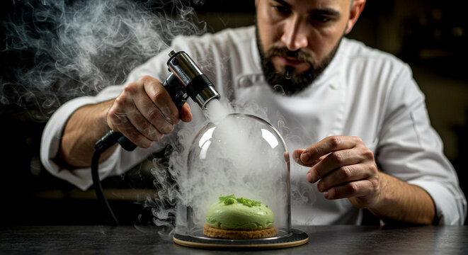 Chef Using Molecular Gastronomy Smoke Gun on a Dessert