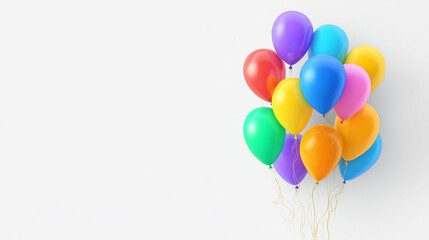 沢山のカラフルな風船・バルーンのプレゼントイメージのコピースペースのある白背景のリアルな写真