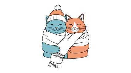 Cozy Kitten Comfort: Two charming cartoon kittens snuggle together, wrapped in a warm scarf and winter hat, emanating feelings of warmth and togetherness.