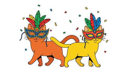 Joyful Masked Cats: Two whimsically dressed cats, adorned with vibrant masks and festive feathers, stroll playfully amid a confetti shower.
