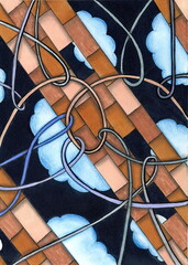 An abstract pattern featuring intersecting diagonal brown rectangular elements, reminiscent of fragments of brickwork or wooden beams. Between them, blue clouds are visible against a dark background. 