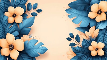 Tropical Floral Arrangement with Blue Leaves and Beige Background