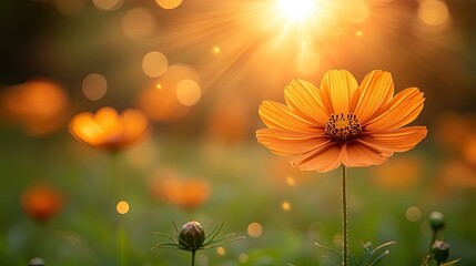 Bright Orange Flower in Sunlight with Blurry Background Bokeh Effects