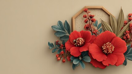 Vibrant Red Flowers with Decorative Frame on Soft Beige Background